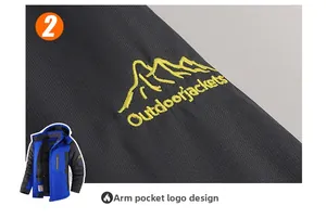 Dettaglio del ricamo giallo della montagna e del tessuto ripstop della giacca outdoor