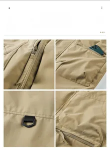 Detail view of khaki utility vest showing metal zipper, cargo pockets and D-ring buckle