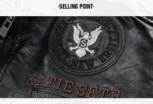 Close-up of black leather jacket with New Jersey University embroidery and metal zipper