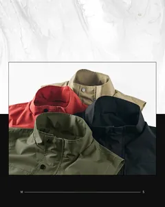 Close-up of stand-up collar with metal buttons on various colored utility vests