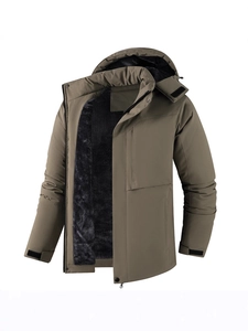 Waterproof khaki outdoor hooded jacket with thick fleece lining and adjustable cuffs