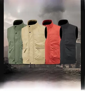 Detail of multi-pocket outdoor vest in army green, khaki, red, and black colors