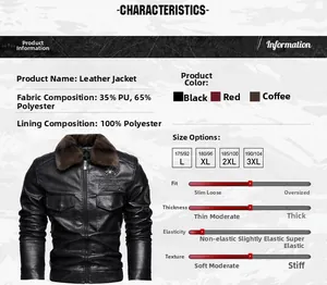Detail view of men's leather jacket showing PU polyester fabric and soft fur collar