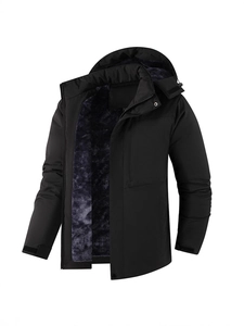 Men's outdoor waterproof hooded jacket with warm fleece lining in classic black