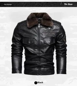 Detail of men's leather biker jacket featuring brown faux fur collar and embroidered patches