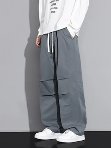 Men Casual Cargo Pants Loose Wide Leg Trousers With Drawstring Waist Knee Pleated Design Straight Leg Pants For Outdoor Daily