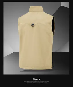 Rear view of khaki utility vest featuring D-ring hook and adjustable drawstring hem