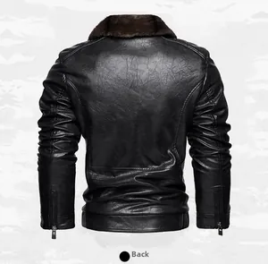 Back view of a black faux leather motorcycle jacket featuring a dark brown fur collar detail