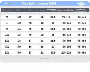 Detailed size chart for American style cargo pants showing measurements for M to 5XL sizes