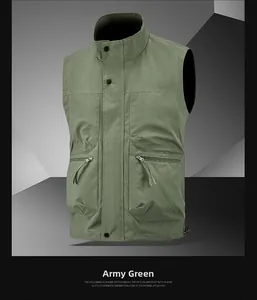 Detail of military green utility vest showing snap-button closure and zipper pocket accents