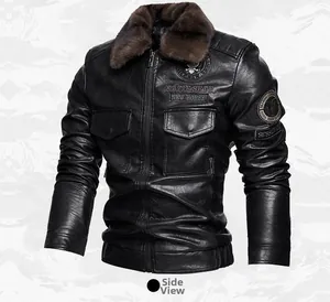 Detail view of black biker jacket featuring brown fur collar and side embroidery patches