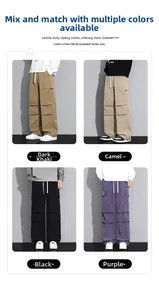 Detail showing multi-pocket cargo pants in khaki, black, and purple with drawstring waist
