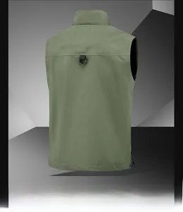 Back view of army green outdoor utility vest with stand collar and adjustable drawstring hem