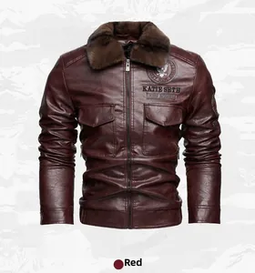 Detail of red faux leather biker jacket with brown fur collar and brand badge patches
