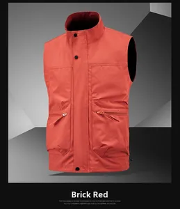 Detail of red outdoor vest with zipper pockets and windproof standing collar design
