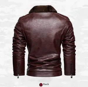 Macro view of the back of a slim fit leather jacket with faux fur collar and zipper cuffs