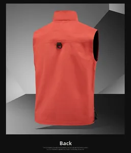 Detail view of orange outdoor utility vest showing D-ring and elastic drawstring back
