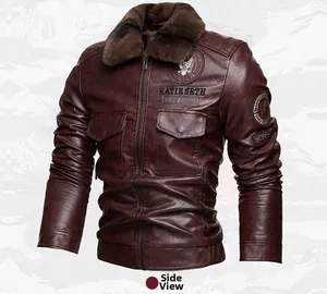 Side view of men's burgundy leather jacket with plush fur collar and embroidered badges