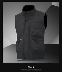 Close-up of black tactical cargo vest featuring functional pockets and metal zippers