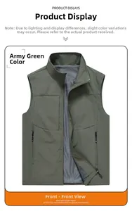 Detail view of army green outdoor vest featuring breathable mesh lining and stand collar