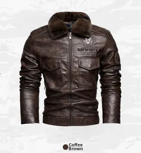 Detail of faux leather jacket featuring plush brown collar and eagle logo patches
