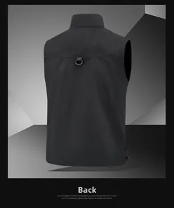 Rear view of black outdoor tactical vest featuring stand collar and adjustable drawstring hem