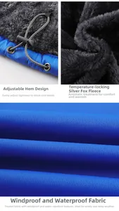 Dettaglio del tessuto blu impermeabile con fodera in pile e coulisse regolabile sul fondo