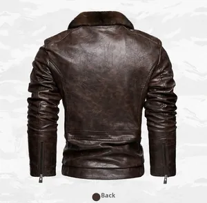Back view of brown faux leather jacket featuring dark fur collar and zipped cuffs