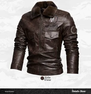 Detail shot of vintage brown leather jacket with plush fur collar and retro patches
