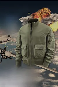 Detailed view of army green bomber jacket featuring military utility pockets and ribbed cuffs
