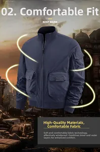 Detail of navy military bomber jacket with utility pockets and ribbed collar on urban ruins