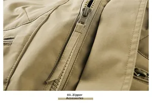 Macro shot of durable metal zipper and khaki windproof fabric on men's utility vest