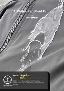 Macro shot showing water-resistant fabric with clear beads of water on gray jacket