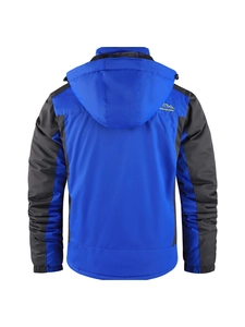 Giacca outdoor con cappuccio blu e nera da uomo con logo della montagna sul retro