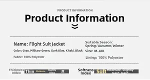 Detailed size chart and material specs for multi-pocket flight jackets from M to 4XL