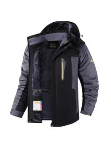 Giacca outdoor da uomo con cappuccio, bicolore grigio-nero e fodera in pile viola