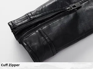 Detail view of the black leather jacket sleeve featuring a textured finish and metal zipper