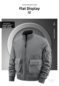 Detail view of a gray windproof bomber jacket with utility pockets and rib-knit cuffs