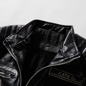 Men's black PU leather motorcycle jacket with quilted shoulders and warm fleece lining