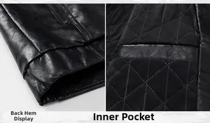 Close-up of black leather jacket featuring quilted lining and inner pocket detail