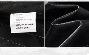 Detail view of the black leather jacket material texture and product composition label
