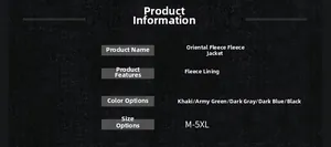Detailed chart showing color options and size specifications for granular fleece jackets