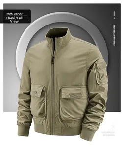 Detail of khaki men's flight jacket showing stand collar and cargo pocket textures