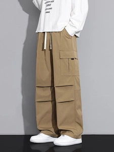 Men's Cargo Pants 100% Polyester Loose Straight Leg Multi Pockets Drawstring Waist Streetwear Casual Long Trousers For Men
