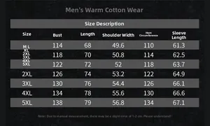Detailed size chart for men's winter fleece jacket including M to 5XL measurements