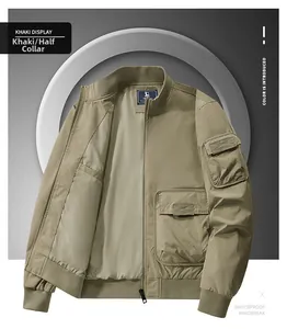 Detail view of khaki waterproof bomber jacket with functional utility pockets and ribbed cuffs