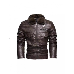 Giacca da moto vintage da uomo in pelle testa di moro con collo in pelliccia e ricami