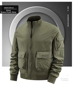 Detail of army green military bomber jacket with stand collar and classic utility arm pocket