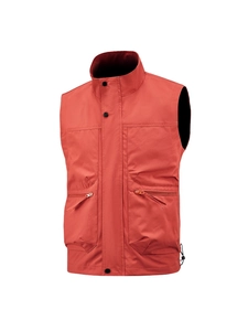 Fashionable brick red outdoor utility vest with stand collar and multiple pockets