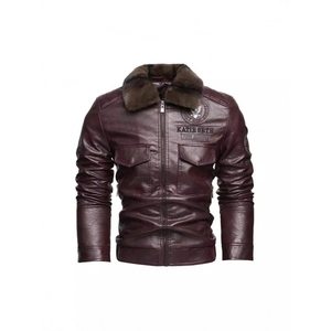 Giacca da uomo in pelle bordeaux con grande collo in pelliccia marrone e ricamo sul petto